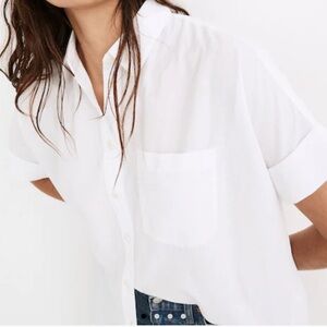 Madewell Linen Blend Courier White Button-Up Pleat-Back Shirt